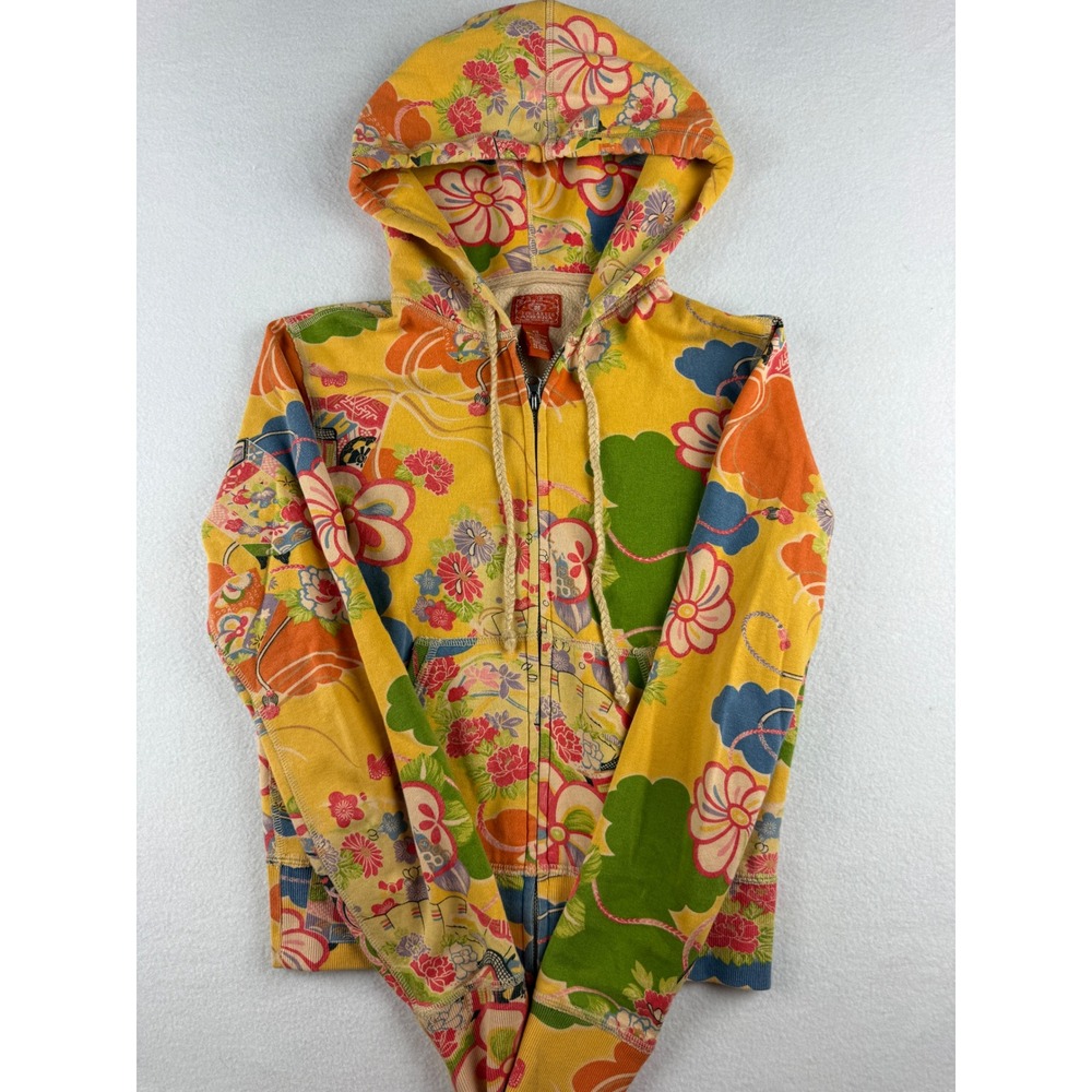 Lucky Brand Floral Japanese Print Zip Up Hoodie Yellow XS Cotton Blend Fleece